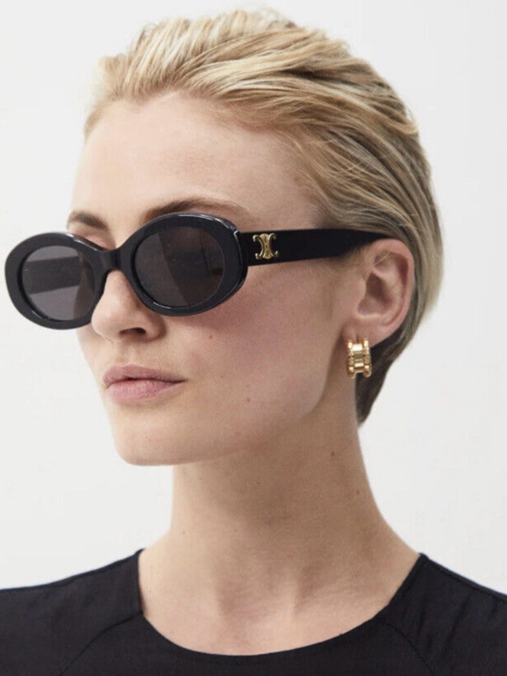 Celine CL40194U Triomphe Black Acetate Oval Sunglasses Grey Lens Women Authentic